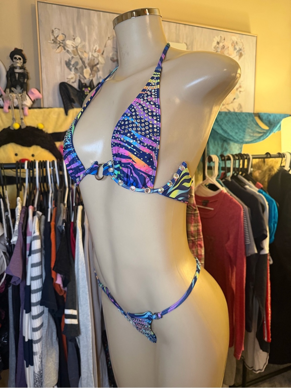 Custom Neon Zebra Rhinestone Competition Bikini Set S - Picture 3 of 9